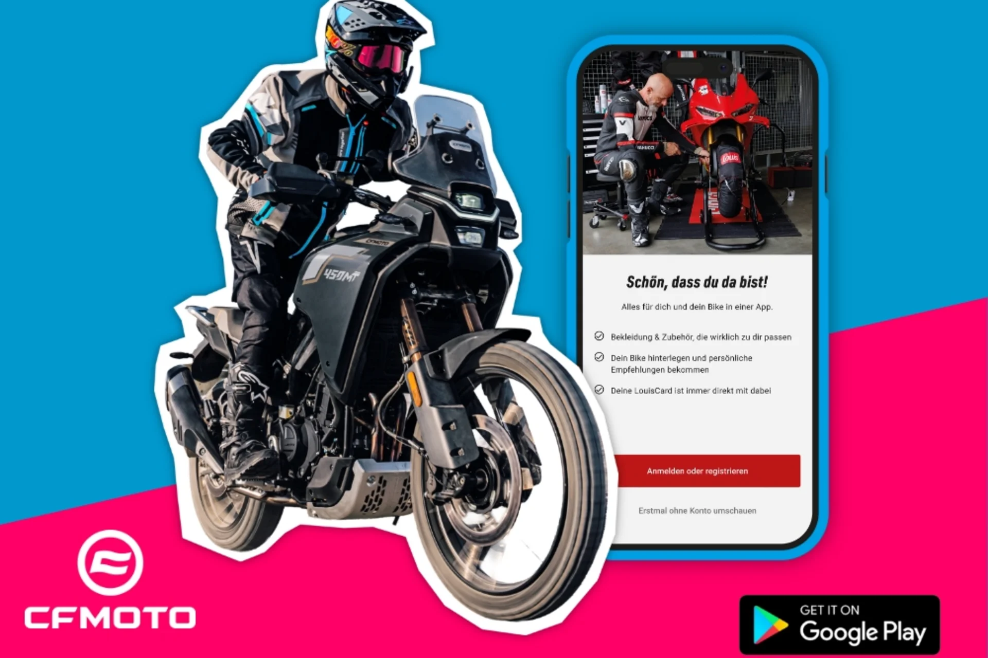 Motorvakantie Motorrijder op CF Moto 450 MT voor smartphone met Louis app op blauw en roze achtergrond