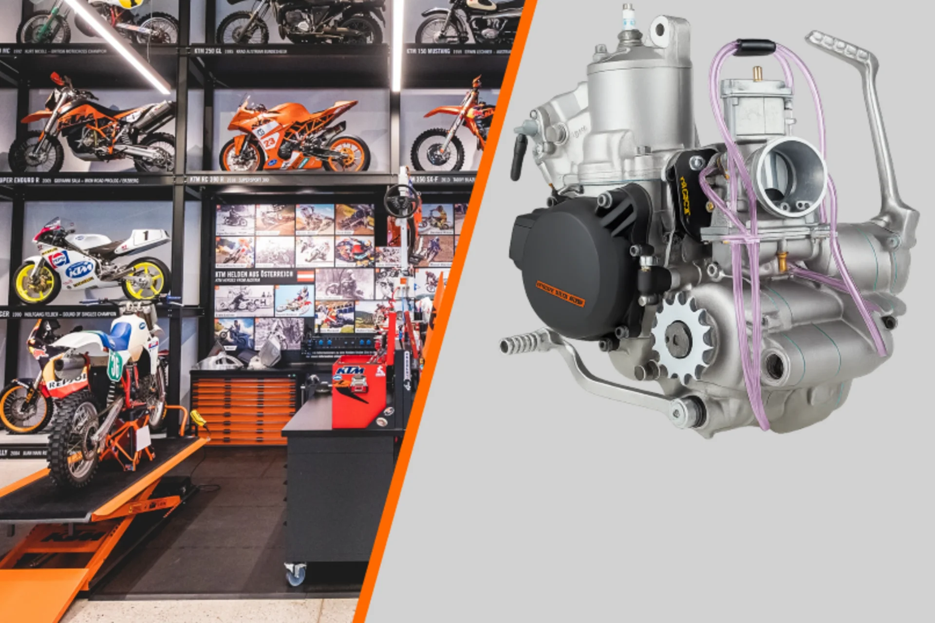 Motorradurlaub © KTM Motorradmuseum mit ausgestellten KTM-Bikes und Nahaufnahme eines Motorbauteils