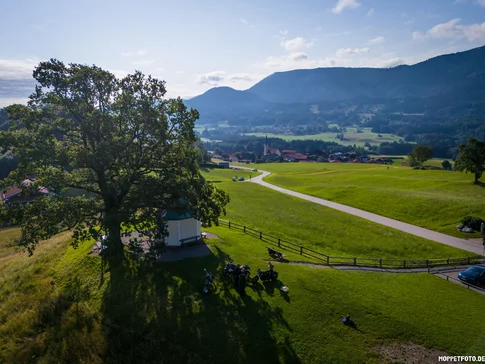 Region Rosenheim - Oberbayern © Moppetfoto.de Fahrradfahrer am großen Baum auf grünem Hügel mit Dorf und Bergen im Hintergrund