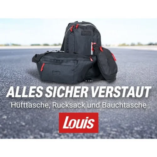 Motorvakantie © Detlev Louis Motorrad-Vertriebsgesellschaft mbh Zwarte rugzak, heuptas en buiktas op asfalt