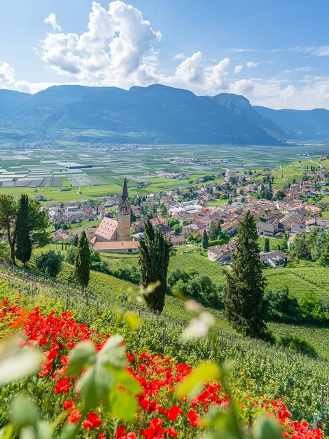 Motorradurlaub © compusol.it Panoramablick auf ein Dorf und Weinberge mit Bergen im Hintergrund