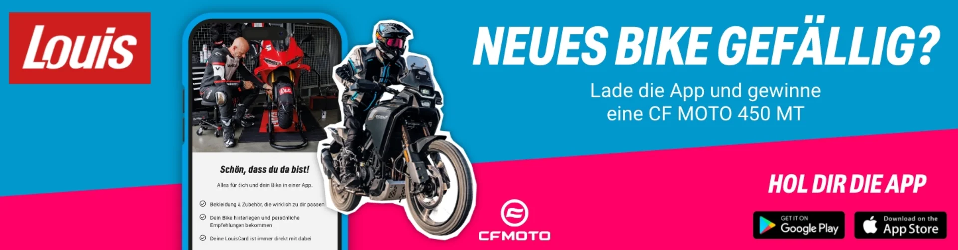 Motorradurlaub © Detlev Louis Motorrad-Vertriebsgesellschaft mbh Louis-Werbebanner mit Motorrad, Smartphone-App und Gewinnspiel für eine CFMOTO 450 MT