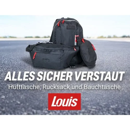 Motorradurlaub © Detlev Louis Motorrad-Vertriebsgesellschaft mbh Schwarzer Rucksack, Hüfttasche und Bauchtasche auf Asphaltboden